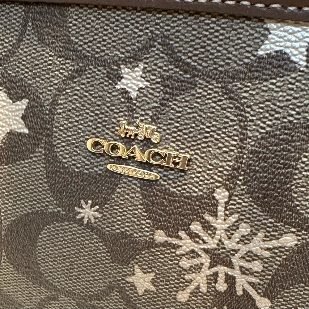 NWT Coach Mini City Tote Signature Canvas Khaki Saddle Gold Star Snowflake Bag - Picture 7 of 10